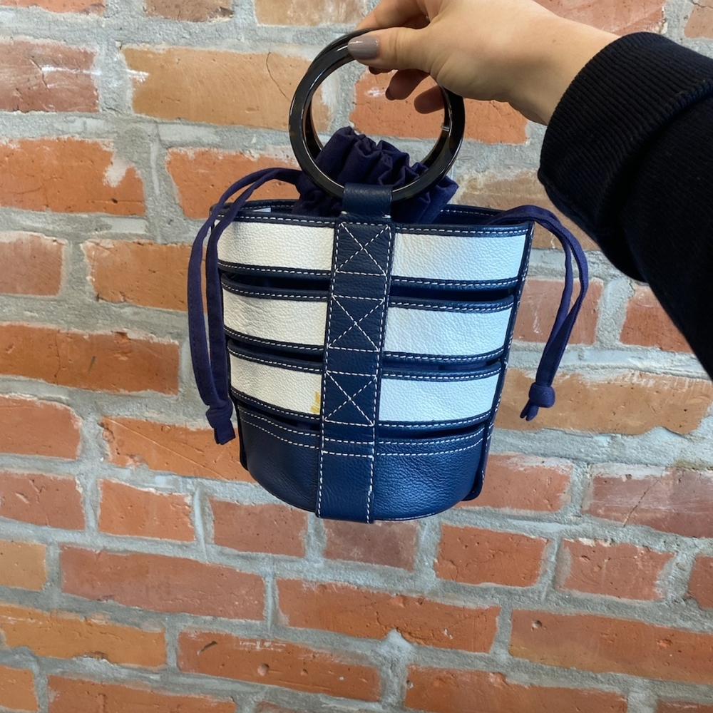 Pamela Munson Navy and White Ring-Handle Stripe Bucket Tote